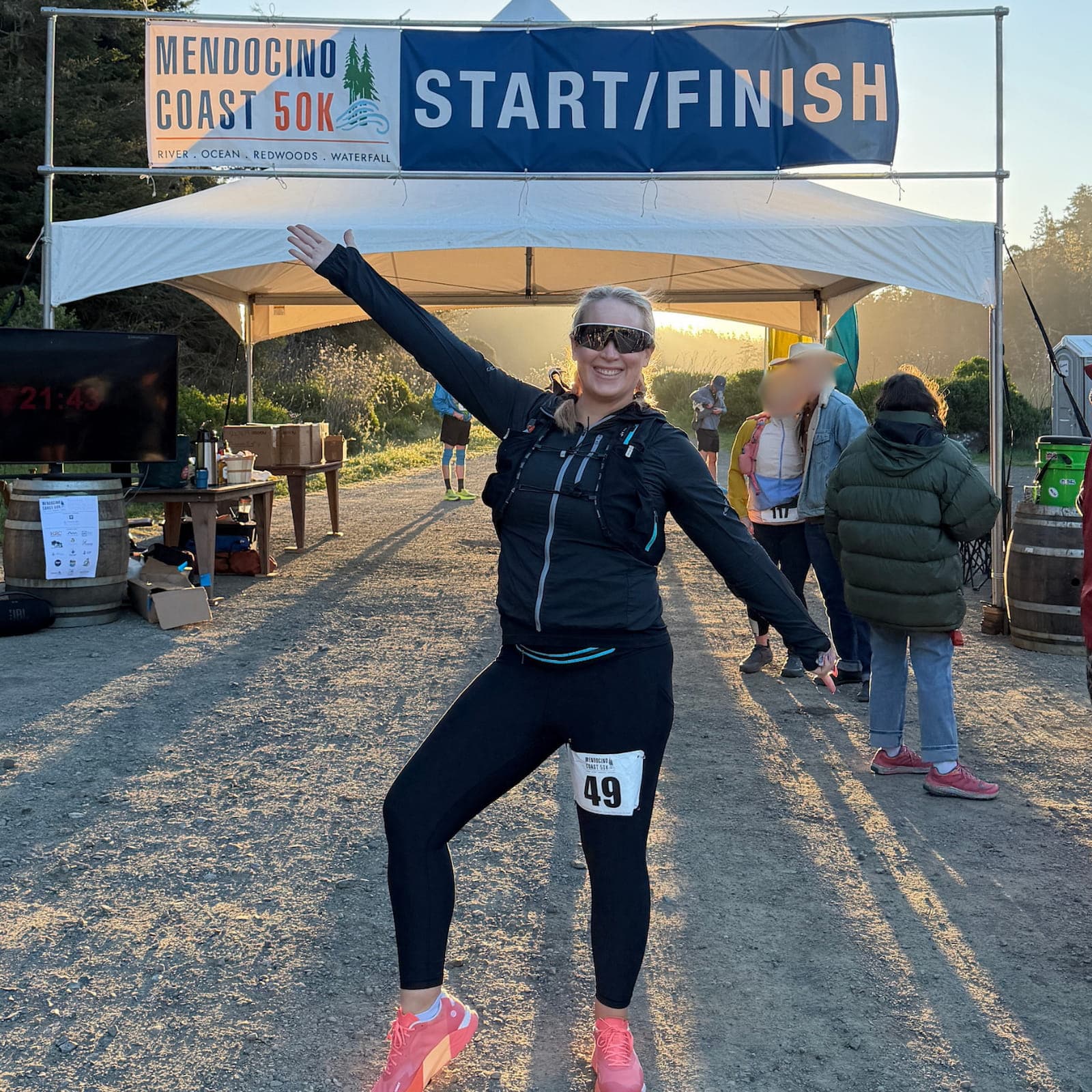 Stacy at the Mendocino Coast 50K start/finish line